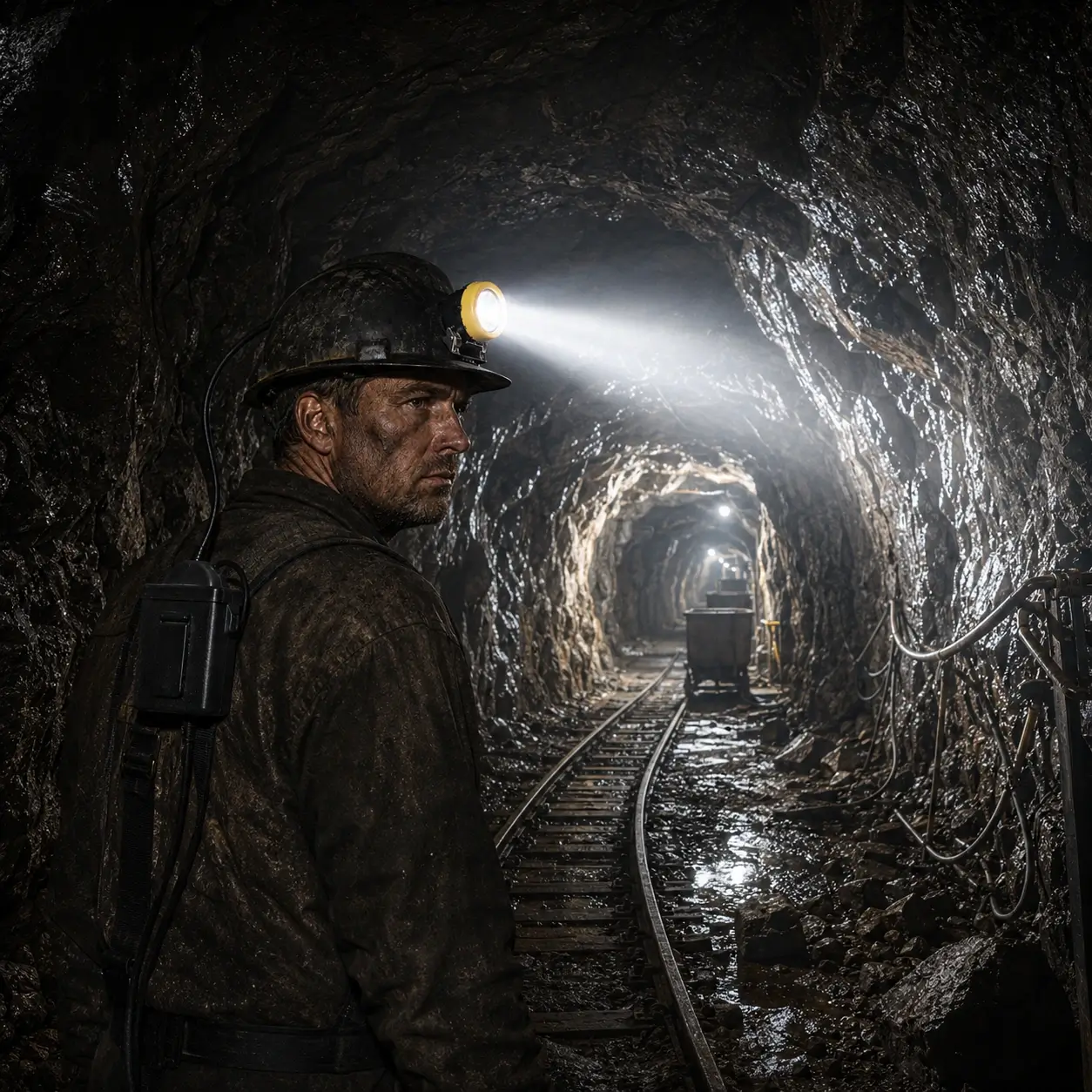 Minero usando la Lámpara KL8M WISDOM Colombia en una galería subterránea