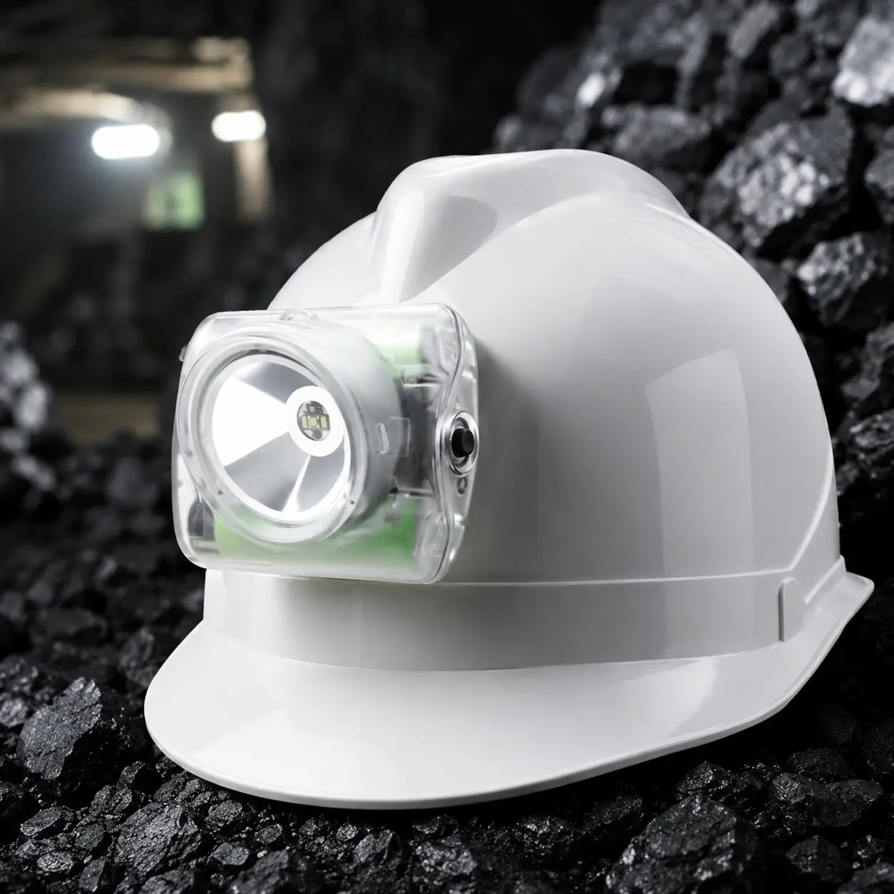 Lámpara WISDOM 6 Colombia instalada sobre casco blanco en un entorno de minería subterránea