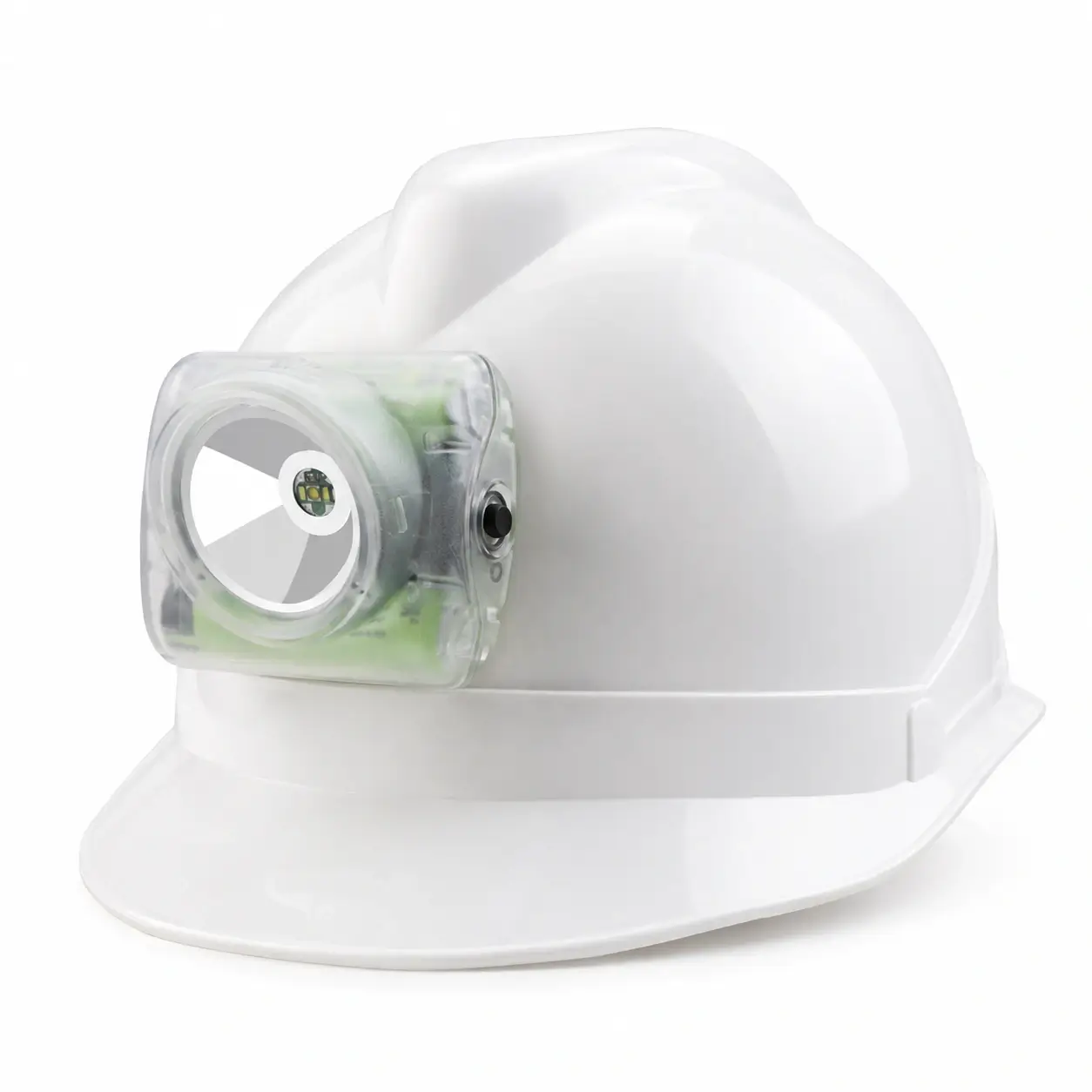 Lámpara WISDOM 6 Colombia instalada en la parte frontal de un casco blanco de seguridad