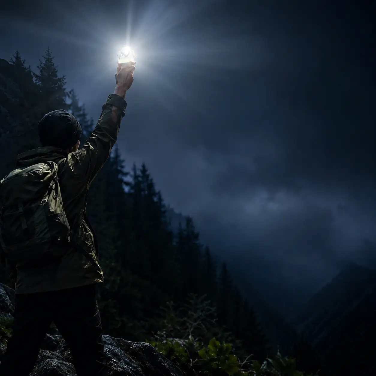 Persona utilizando la lámpara WISDOM LAMP 4 para iluminar un entorno montañoso durante la noche