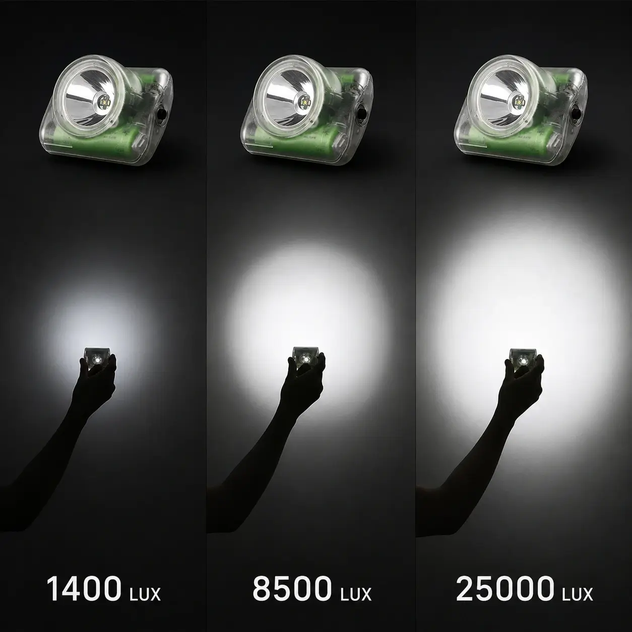 Comparación visual de los tres modos de brillo de la lámpara WISDOM LAMP 4 con diferentes niveles de lux