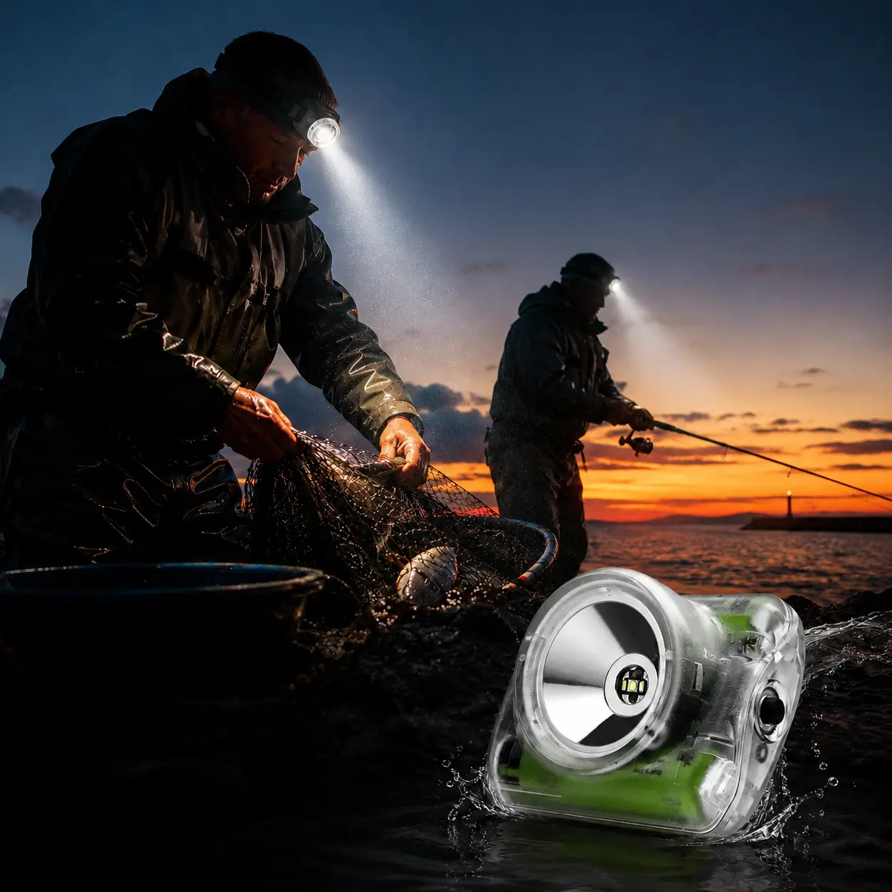 Pescadores utilizando la lámpara WISDOM LAMP 4 durante una jornada nocturna cerca del agua