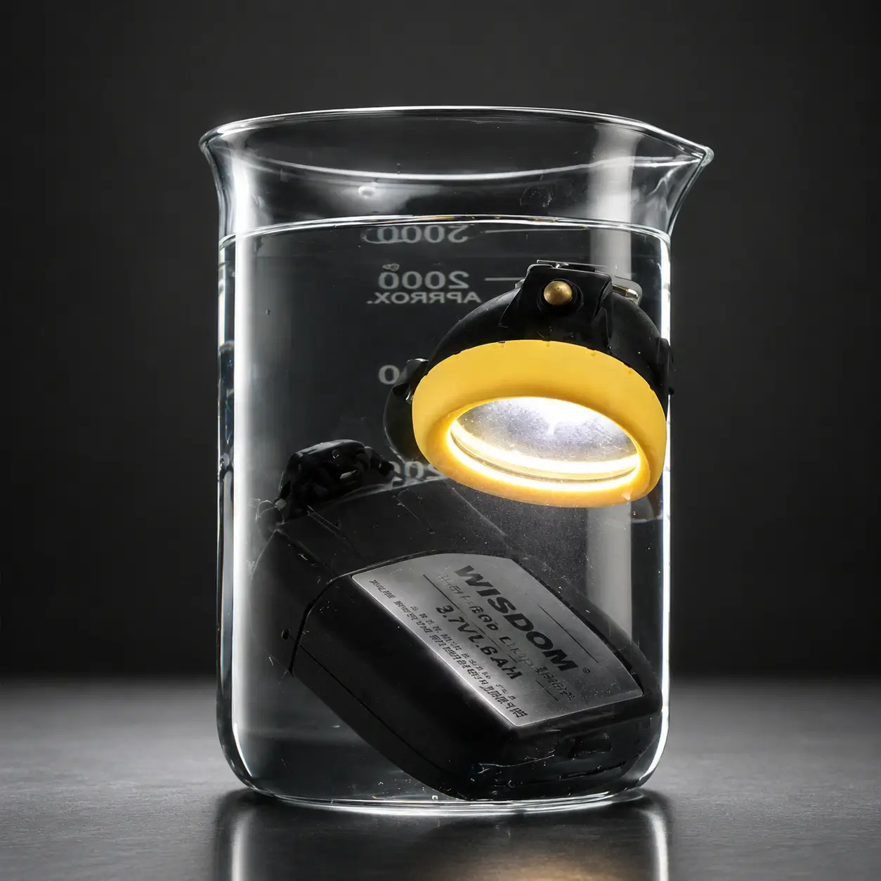 Lámpara minera WISDOM encendida durante una prueba de inmersión en agua